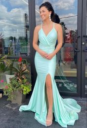 Light Green Party Prom Dress Spaghetti Formal Evening Gown Side Split Sweep Train Cross Straps Back