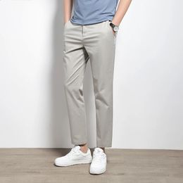 Spring and Summer New Mens Casual Pants Trend Business Suit Pants Elastic Soft Pure Cotton Wrinkle Resistant cropped pants 240217