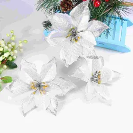 Decorative Flowers 6pcs Christmas Tree Flower Ornaments Imitation For Wedding Silver