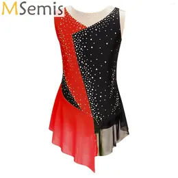 Stage Wear Kids Girls Sparkly Figure Skating Leotard Dress Color Block Mesh Patchwork Sleeveless Bodysuit Dance Ballet Gymnastics Dresses