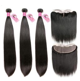 Straight Human Hair Bundles With Frontal Brazilian Remy Hair 3Bundles With 13x4 Ear to Ear Closure 830quot Middle Ratio For Wom3395864