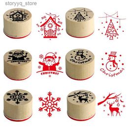 Labels Tags 6pcs Merry Christmas Decoration Round Stamps Wooden Rubber Stamp for Xmas New Year Party Decor Supplies Kids Toy Gift Seal Stamp Q240217