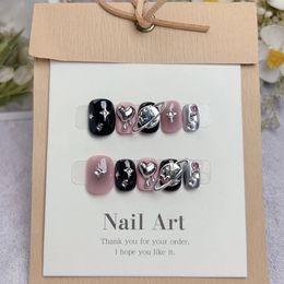 Y2k Handmade Short Press on Nails Korean Pink and Black Star Nails Reusable Adhesive False Nails Acrylic Full Cover Nail Tips 240129