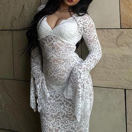 Casual Dresses Elegant V-neck Bodycon Flare Sleeve White Dress Sexy Lace Hollow Out Beach Maxi For Women Holiday Long