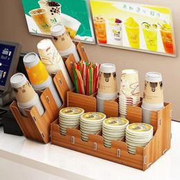 Kitchen Storage Wooden Disposable Paper Cup Holder Coffee Milk Tea Organiser Rack Take Divider Tissue Box Straw Holders Display Stand