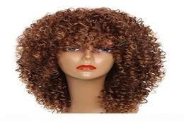 Curly Wig with bang fringe for Black Women Short brazilian Hair 12 Inches Brown Human African Hair With Wig Cap 150 density3417686