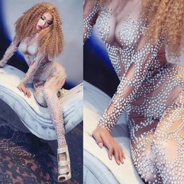 Stage Wear Women Singer Dancer Bodysuit DJ Nightclub Sexy Birthday Party Outfit Costume Pearls Long Sleeve Rhinestone Jumpsuit