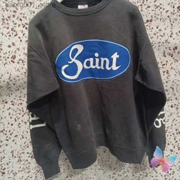 Men's Hoodies Sweatshirts Heavyweight Washed Black Saint Michael Sweatshirts Letter Retro Distressed Round Neck Pullover Men Women Casual Saint Hoody Q240217