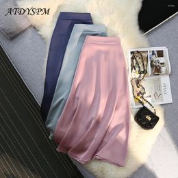 Skirts Elegant High Waist Satin Long Black For Women Ladies Office A Line Zipper Back Elastic Band Korean Fashion Midi