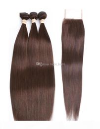 4 Medium Brown Color Straight Virgin Hair Bundles With Lace Closure Chestnut Brown Peruvian Human Hair Weaves With 44 Top Lace C577049351