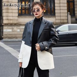 TWOTWINSTYLE Korean Hit Colour PU Leather Jacket For Women Notched Long Sleeve Patchwork Casual Blazers Female Fashion Fall 240202