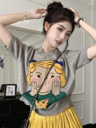 Women's T Shirts Korobov Cartoon Printed Knitted Y2k Top Short-sleeved T-shirt Women Summer Loose-slim Half High Neck Pullover Ropa De Mujer