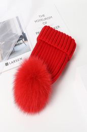 Real Fur Autumn Pompom Hat For Kids Knited Beanie Warm Hat For Children Winter Fur Pom Pom Hats Girls Boys Cap4081648