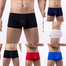 Underpants Summer Men Ice Silk Boxer Bulge Pouch Smooth Hight-Elasticity Underwear Low Rise Shorts Panties Soft Solid Trunks