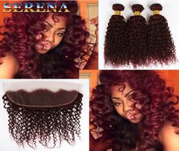 99J Wine Red Deep Wave Virgin Hair With 13x4 Frontal Lace Closure 4Pcs Lot Burgundy Deep Curly Human Hair Bundles With Ear to Ear8184687