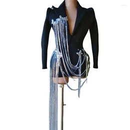 Stage Wear Fringe Drill Chain Sparkly Women Black Design Blazer Long Sleeve Sequin Butterfly Zipper Closure DJ Night Club