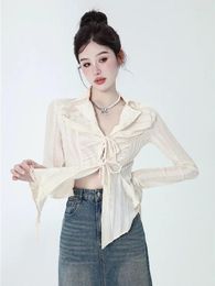 Women's Blouses Fashion Shirt Female Design Sense Niche White Temperament Lace-up Strap Chiffon Tops Autumn