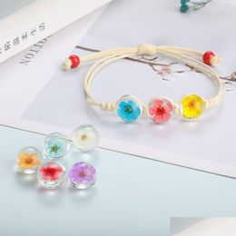 Chain Dried Flower Plant Specimen Bracelets For Women Peach Blossom Glass Ball Cord Lucky Wax String Handmade Braided Brace Dhgarden Dh5Yo