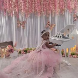 Girl Dresses 2024 Detachable Train Flower Dress Sleeveless Puffy Pink Baby Bow Cute First Communion Birthday Princess Costume