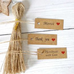 Labels Tags 100pcs Kraft Paper Tags Handmade with Love Thank You Merci Tags Labels Wedding Birthday Christmas Party Supplies Gift Packaging Q240217