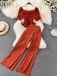 Women's Pants Women Summer Fashion Casual High Waist Drape Wide Leg Square Collar Short Slim Blouse Two-piece Suit Female