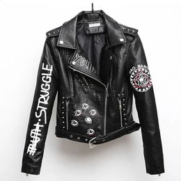 Women Printed Letters Pu Leather Jacket Biker Moto Black Faux Female Pattern Rivet Hip Hop Short Zipper Coat PY21 240122