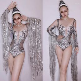 Stage Wear Nightclub Bar Dj Pole Dance Clothing Gogo Costumes Sexy Exaggerated Long Tassels Sleeves Bodysuit Women Rave Outfits XS5271