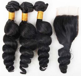 12A unprocessed cuticle aligned loose wave raw indian hair bundles and closure at whole for black women87776418610592