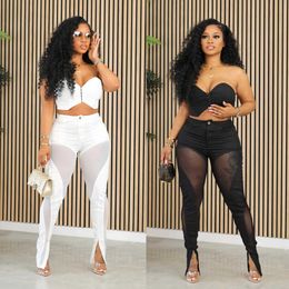 Women's Two Piece Pants Fashion Womens Set Tunic Crop Top and Flare Slit Hem Mesh Patchwork Pants 2023 Street Two 2 Piece Sets Outfit Tracksuit J240202