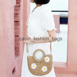 Shoulder Bags New small fresh hand carry messenger sticky flower straw bag mini yuan bucket woven casual womens beachH24217