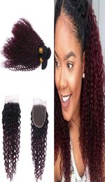 Dark Roots 1B 99J Kinky Curly Hair Weaves With Lace Closure Ombre Color Red Wine 99j Curly Hair 3bundles With 4x4 Closure6292238