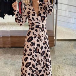 Casual Dresses 2024 Spring Summer Women's Clothing Leopard Print V-neck Printed Long-Sleeved Dress-No Positioning Printing