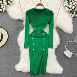 Casual Dresses Chic Fashion Sexy Package Hips Split Dress Autumn Winter Double-breasted Lady Party Knitted Sweater Vestidos