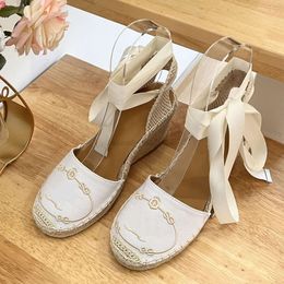 Linen Embroidered wedges Sandals Platform Pumps heels Circular toe womens luxury designers leather Espadrilles outsole summer shoes factory footwear