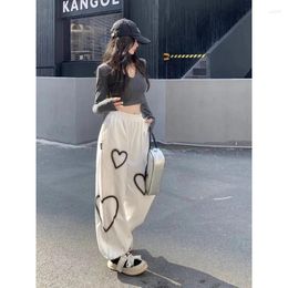 Women's Pants Japanese And Korean Casual White Sports With Love Pattern Ladies Spring Autumn 2024 Loose Trousers