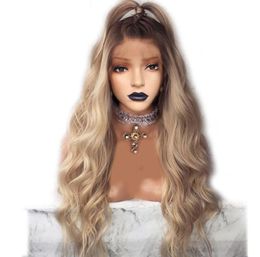 Brown Roots Ombre Blonde Long Body Wave Part Synthetic Lace Front Wig For Women Natural Hairline Full Hair Wigs7908812
