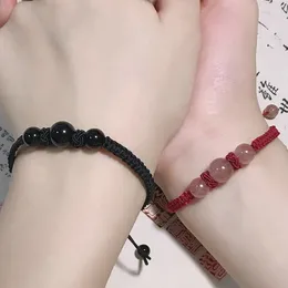 Link Bracelets Red/Black Natural Obsidian Crystal Stones Rope Chain Braid For Women Men Couple Bracelet Jewellery Gift
