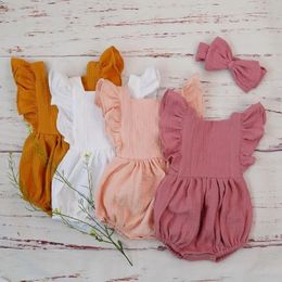 Organic Cotton Baby Girl Clothes Summer Double Gauze Kids Ruffle Romper Jumpsuit Headband Dusty Pink Playsuit For born 240127