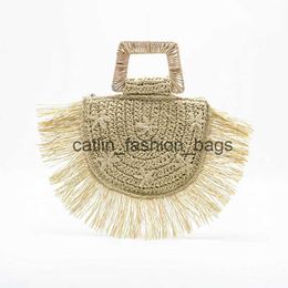 Totes Semicircular moon bag trapezoid handle flower embroidery handbag bamboo rattan paper mixed hand-woven tassel strawH24217