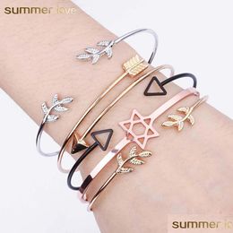 Bangle Adjustable Size Geometric Leaf Cross Bangle Bracelet For Women Black Sliver Gold Colour Cuff Gift Simple Statement Je Dhgarden Dh7L9