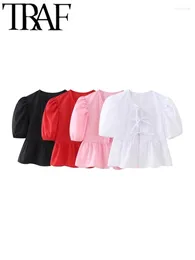 Women's Blouses 2024 Spring Puff Sleeve Women Casual Blouse Bowknot Tied Slim Short Shirt Female Crop Top Sweet Girls Y2K Black Red