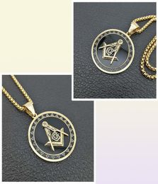 Punk mason Black Gold Colour Titanium Stainless Steel Round Masonic Symbol Pendants Necklace for Men Jewelry7607398