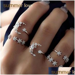 Cluster Rings Fashion 5 Pcs/Set Bohemia Retro Rhinestone Crystal Moon Star Simple Hollow Punk Personality Sier Open Ring Wo Dhgarden Dh0Nt