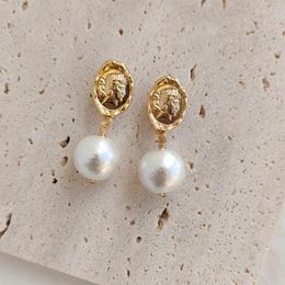 Dangle Earrings Brass With 18k Gold Real Pearl Coin Image Women Jewellery Party T Show Gown Runway Rare Korean Japan Trendy INS Boho