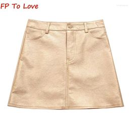 Skirts Y2K French Gold PU Mini Skirt Metallic Sexy High Waist Hip Dress Trendy Retro Short A-line Streetwear