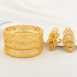 Necklace Earrings Set 3pc Bangle With 2pc Ring For Women Hollow Carving Bracelet Jewellery Nigerian Wedding Party Gift 18K Gold Plated Dubai