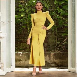 Casual Dresses Fashion Yellow Lace Up Pleated Gown High Neck Overlapping Shoulders Long Sleeve Tight-fitting Patchwork Bodycon Maxi Dress