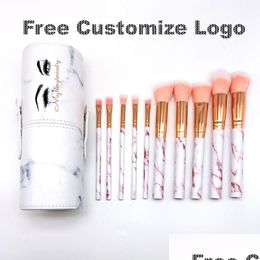 Makeup Brushes 10 Pcs Set Marble Makeup Brushes With Pu Bucket B Powder Eyebrow Eyeliner Highlight Concealer Contour Foundation Drop D Dhtul