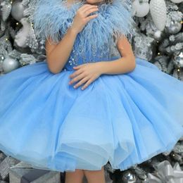 Girl Dresses Sky Blue Flower Dress Feathers Beading Sequin Kids Ball Pageant For Wedding Party First Communion Gown