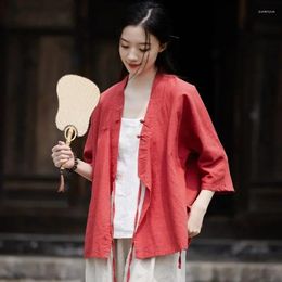 Ethnic Clothing Autumn Vintage Cotton Linen Buckle Hanfu Meditation Suit For Women Chinese Traditional Long Sleeved Tang Top Cardigan
